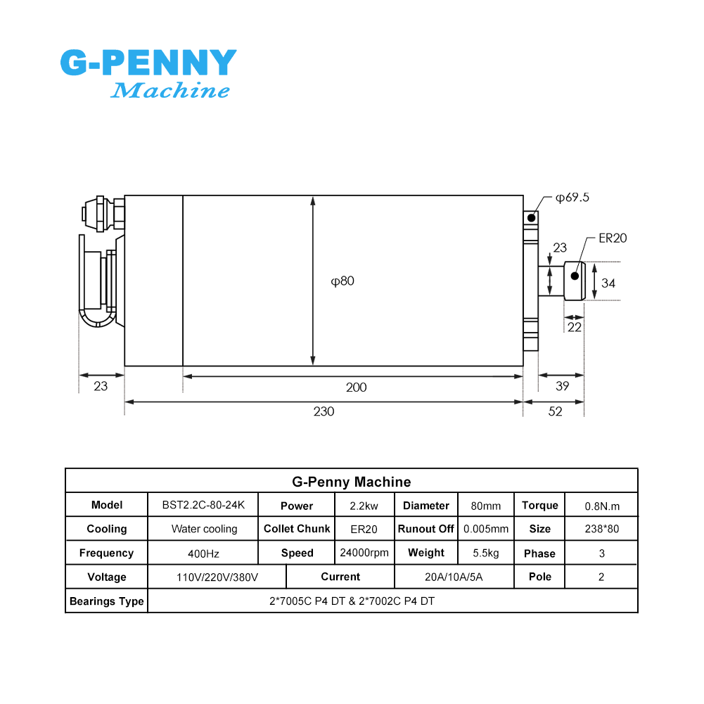 G-Penny 2.2kw ER20 Water Coole - 2.2Kw Water Cooled Spindle Kit Vfd recension och pris
